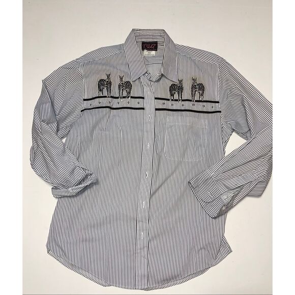 PGB Vintage Women Striped Black White Button Down With Zebra Embroidery SZ small - Picture 1 of 6